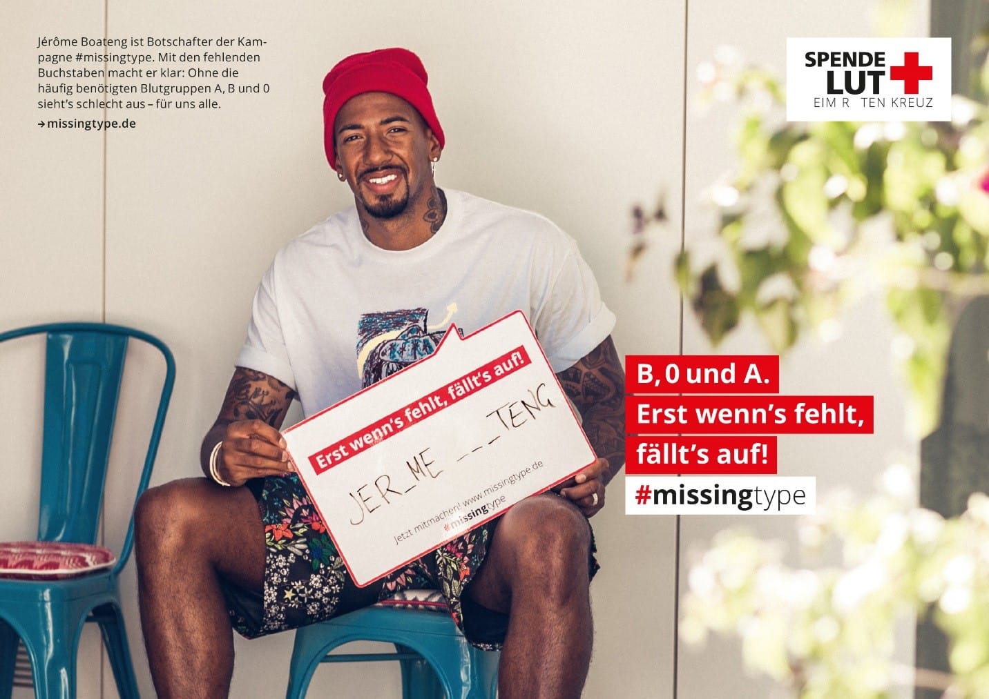 Jérôme Boateng ist Botschafter der Kampagne #missingtype Foto: Blutspendedienst des Deutschen Roten Kreuzes