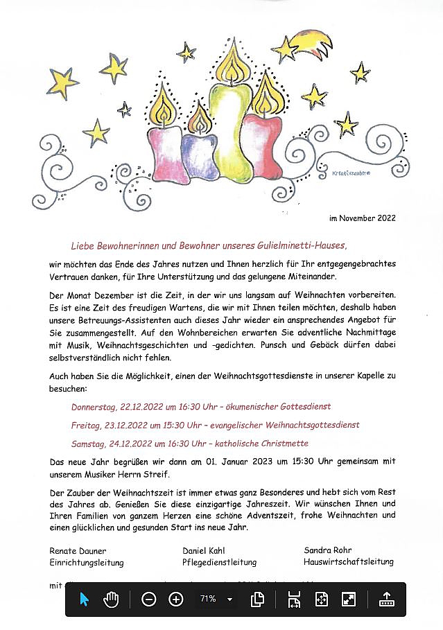 Weihnachtsbrief 2022 des Gulieminetti an alle Bewohnerinnen und Bewohner